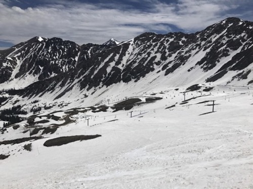 A-Basin in June 2017: a few bare spots surrounded by tons of skiable terrain.
