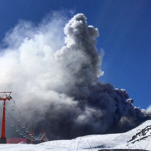 Las Trancas, Chile - Volcanic eruption on the mountain while skiing.